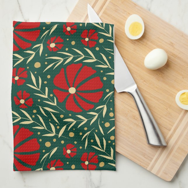 Linge De Cuisine Fleurs et feuilles rouges dessinées à la main pour (Quart Plié)
