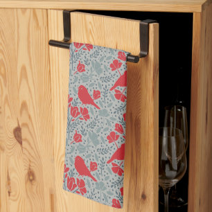 Linge De Cuisine Fleurs et oiseaux bleus et rouges ditzy
