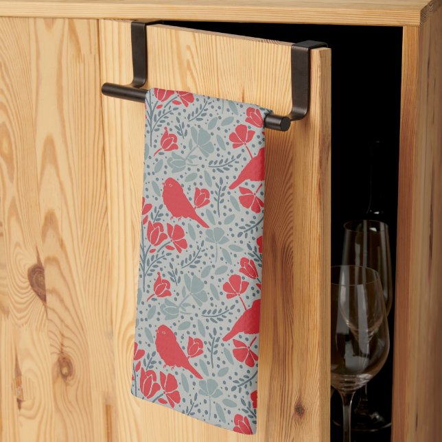 Linge De Cuisine Fleurs et oiseaux bleus et rouges ditzy (Pliage en tiers)