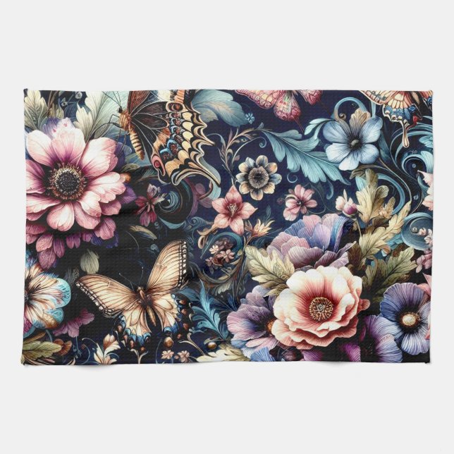 Linge De Cuisine Fleurs et papillons de printemps antiques (Horizontal)