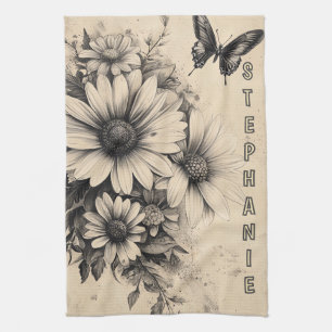 Linge De Cuisine Fleurs et papillons rustiques - Papier vieilli (11