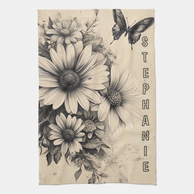 Linge De Cuisine Fleurs et papillons rustiques - Papier vieilli (11 (Vertical)