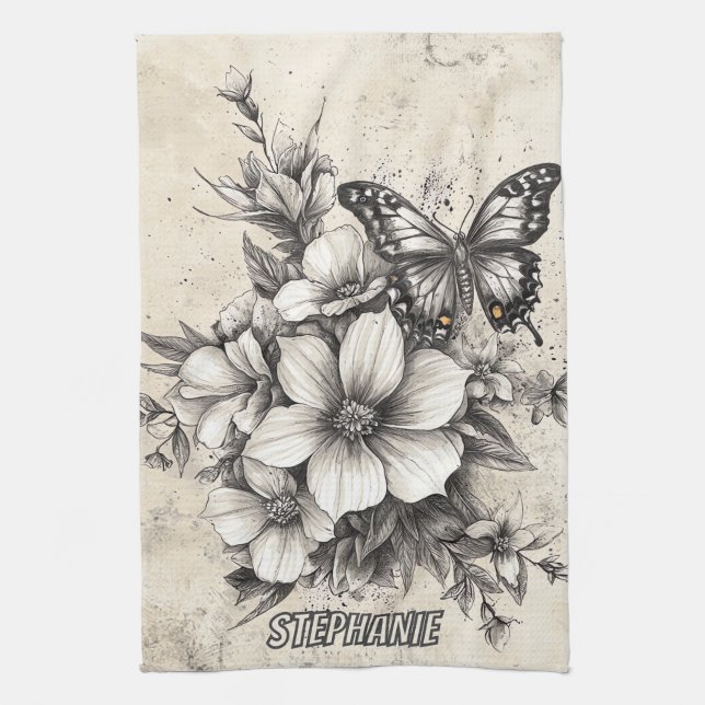 Linge De Cuisine Fleurs et papillons rustiques - Papier vieilli (5) (Vertical)