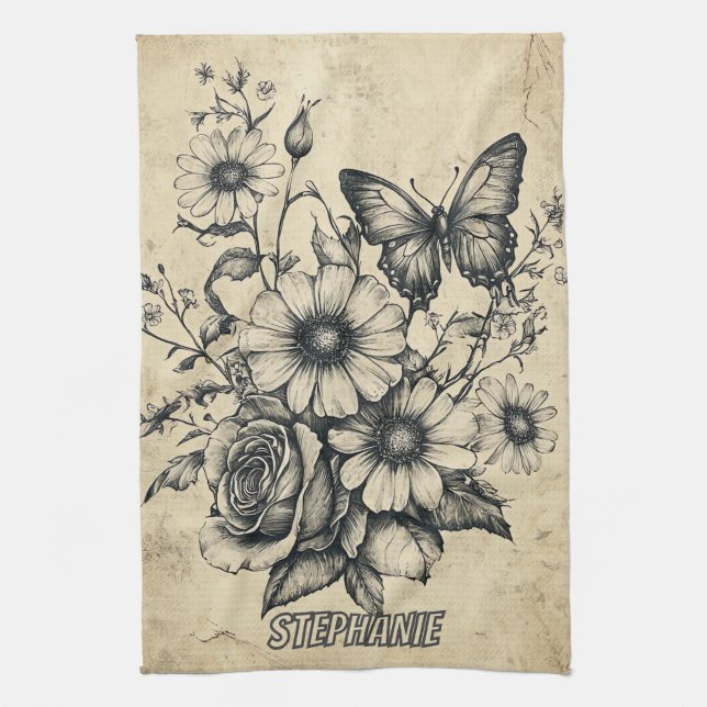 Linge De Cuisine Fleurs et papillons rustiques - Papier vieilli (6) (Vertical)