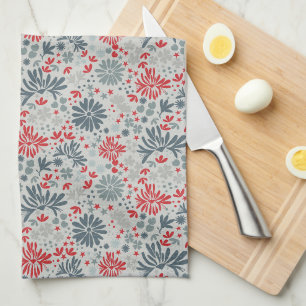Linge De Cuisine Fleurs fantaisistes bleues et rouges