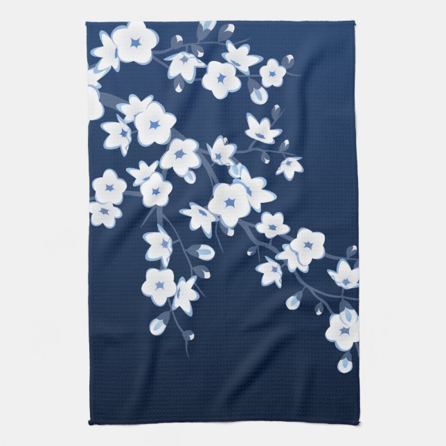 Linge De Cuisine Fleurs florales de cerisiers Bleu Blanc (Vertical)