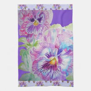 Linge De Cuisine Fleurs florales violettes Pansy Aquarelle Tea Serv