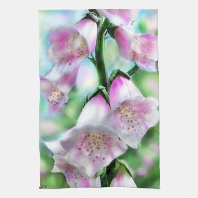 Linge De Cuisine Fleurs Foxglove Fleur Floral rose violet vert (Vertical)