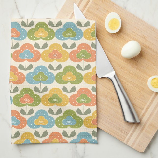 Linge De Cuisine Fleurs géométriques ocre rose bleu jaune (Quart Plié)