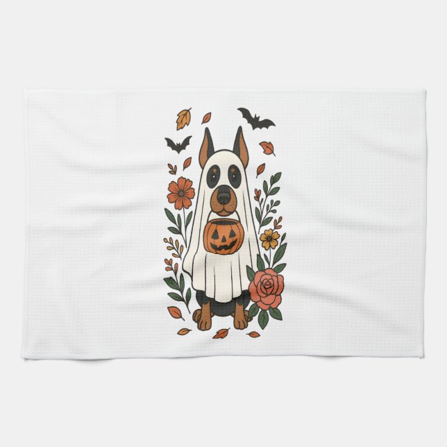 Linge De Cuisine Fleurs Halloween Doberman Pinscher (Horizontal)