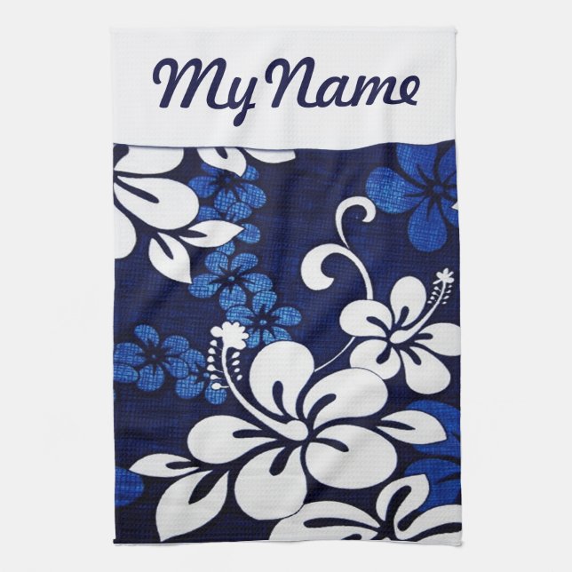 Linge De Cuisine Fleurs Hawaii Bleues personnalisées (Vertical)