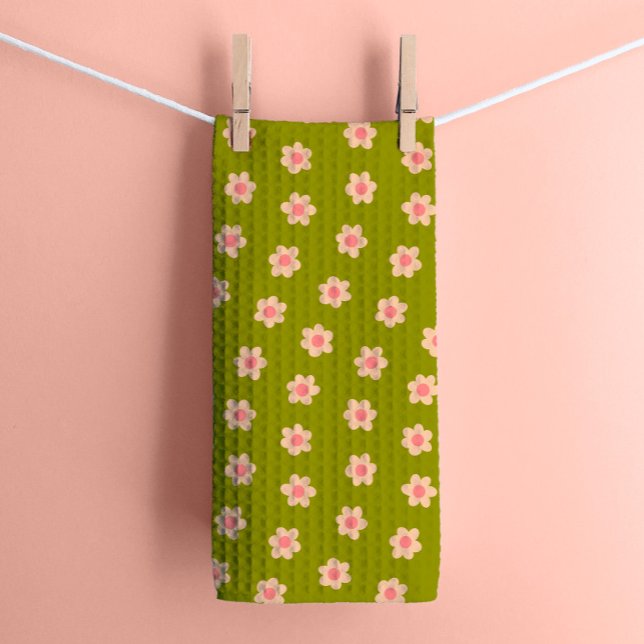 Linge De Cuisine Fleurs hippies rétro sur vert olive (Créateur téléchargé)