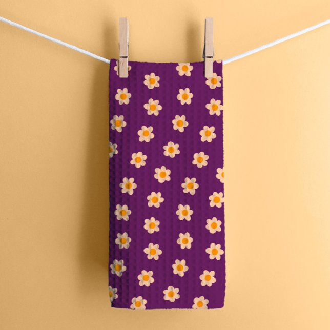 Linge De Cuisine Fleurs hippies rétro sur violet (Créateur téléchargé)