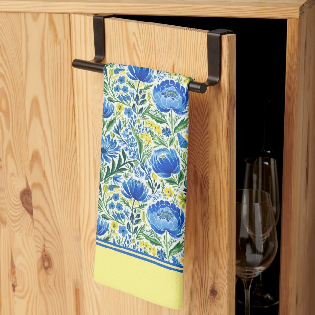 Linge De Cuisine Fleurs jaunes et bleues  (Pliage en tiers)