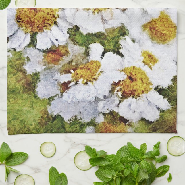 Linge De Cuisine Fleurs marguerites blanches - Peinture Art Serviet (Plié)