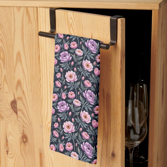 Linge De Cuisine Fleurs mauves et roses (Pliage en tiers)