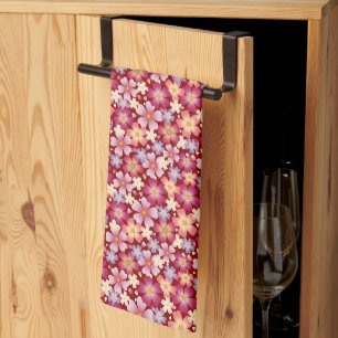 Linge De Cuisine Fleurs mélangées rêveuses sur fond rouge
