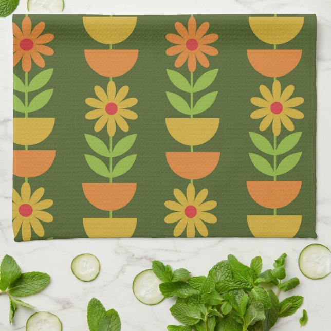 Linge De Cuisine Fleurs Mid Mod avec demi-cercles géométriques  (Plié)