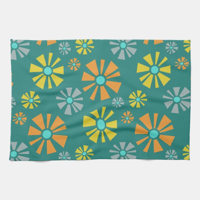Linge De Cuisine Fleurs modernes du milieu du siècle Turquoise (Horizontal)