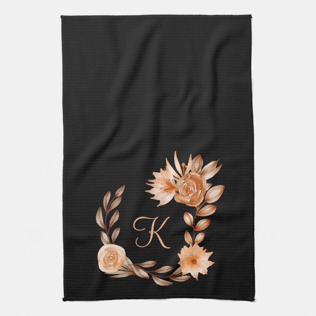 Linge De Cuisine Fleurs noir marron et pêche avec monogramme  (Vertical)
