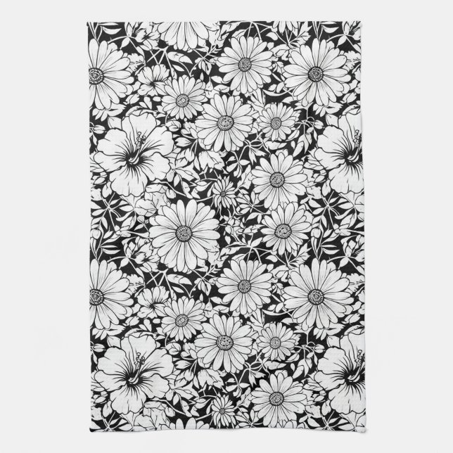 Linge De Cuisine Fleurs noires et blanches, motif sans couture vint (Vertical)