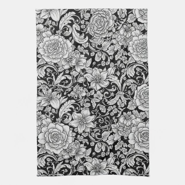 Linge De Cuisine Fleurs noires et blanches, motif sans couture vint (Vertical)