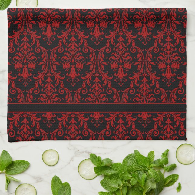 Linge De Cuisine Fleurs noires et rouges Fils Damas 3 Monogrammes (Plié)
