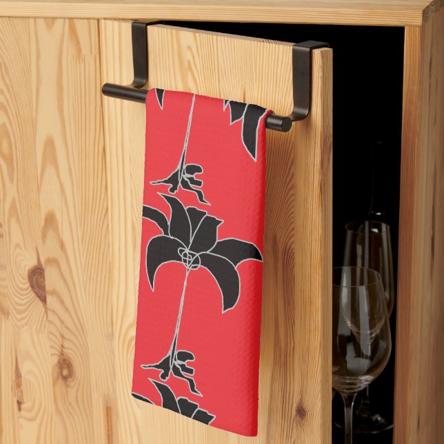 Linge De Cuisine Fleurs noires rouges (Pliage en tiers)