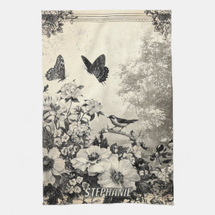 Linge De Cuisine Fleurs, oiseaux et papillons sur papier vieilli (3