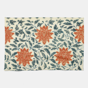 Linge De Cuisine fleurs orange - tige bleue - motif chinois