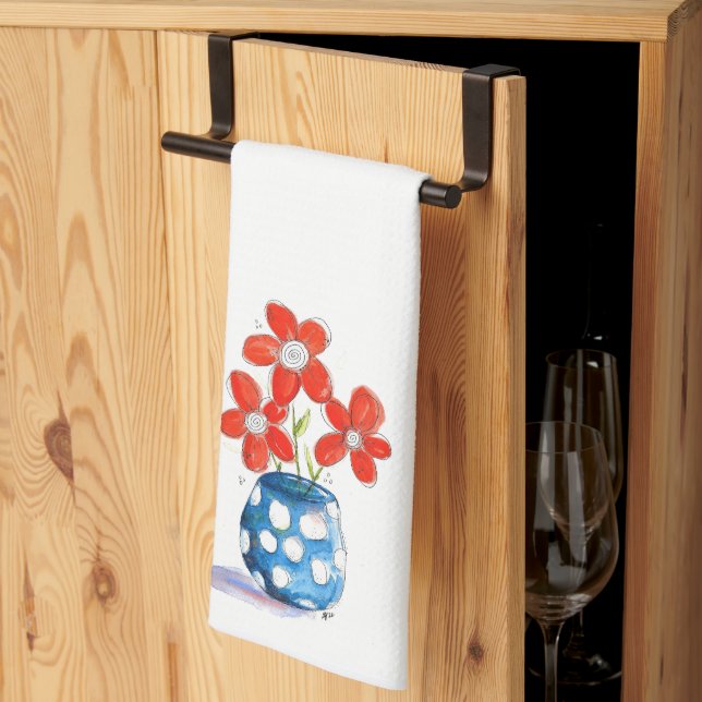 Linge De Cuisine Fleurs orangées Whimsical dans Vase Bleu (Pliage en tiers)