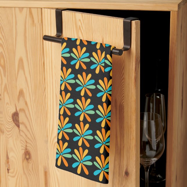 Linge De Cuisine Fleurs oranges, vertes et bleues (Pliage en tiers)