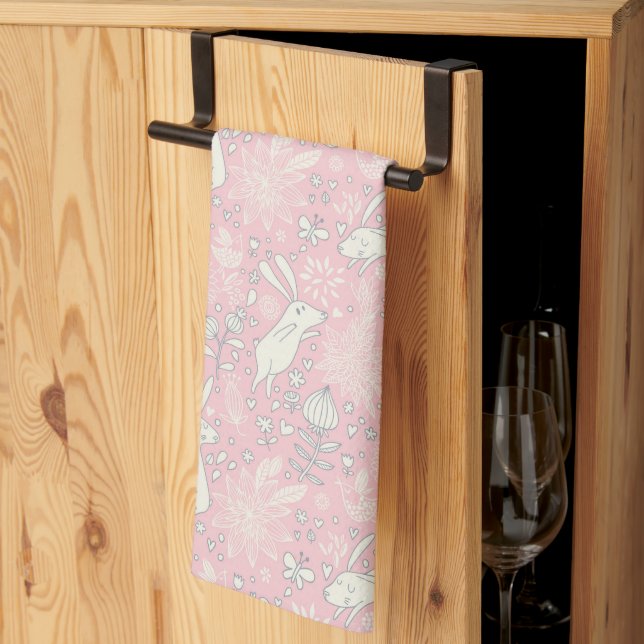Linge De Cuisine Fleurs Papillon Lapin Rétro Rose Pâle Pâques (Pliage en tiers)