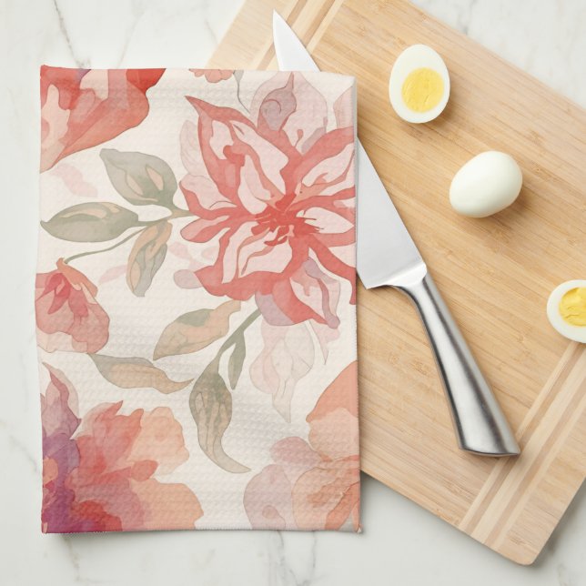 Linge De Cuisine Fleurs pastel aquarelle orange clair (Quart Plié)
