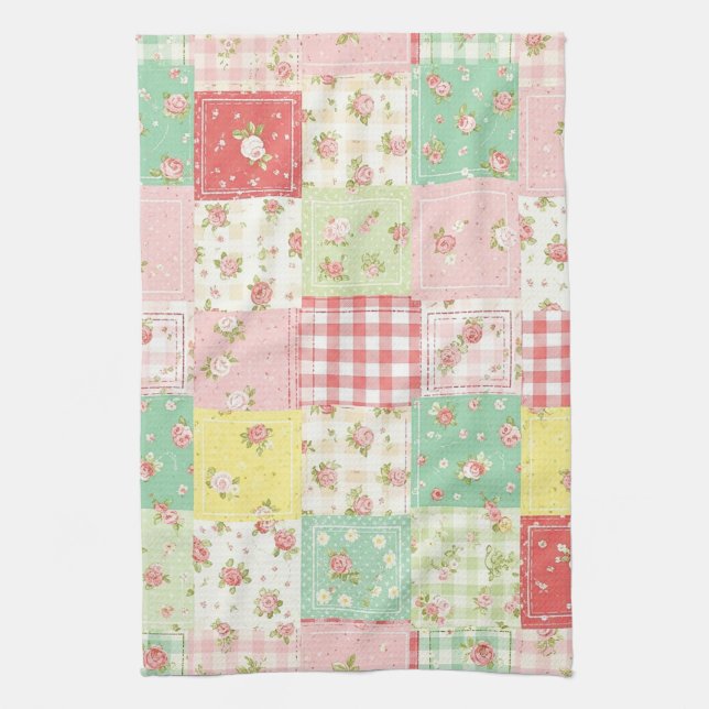 Linge De Cuisine Fleurs pastel en patchwork à carreaux gingham (Vertical)