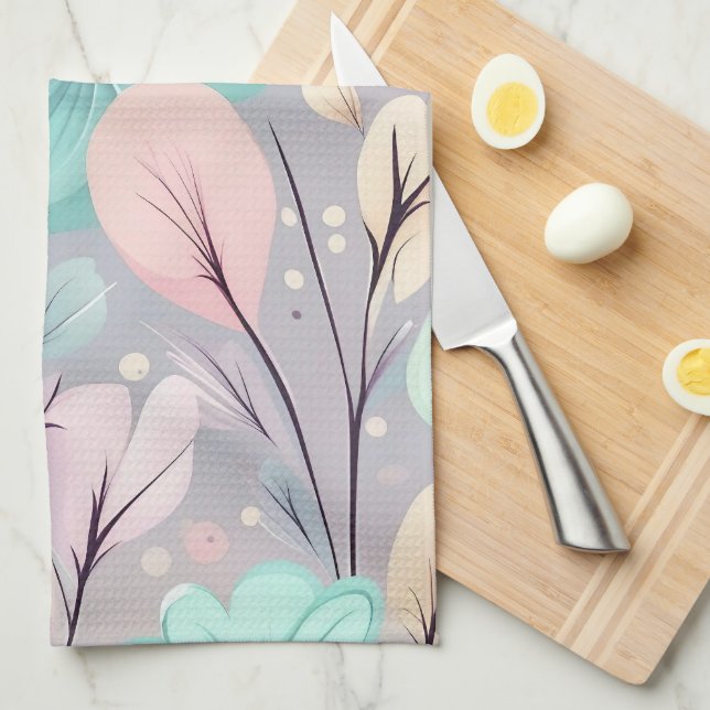 Linge De Cuisine Fleurs pastel et Feuilles sur Arrière - plan viole (Quart Plié)