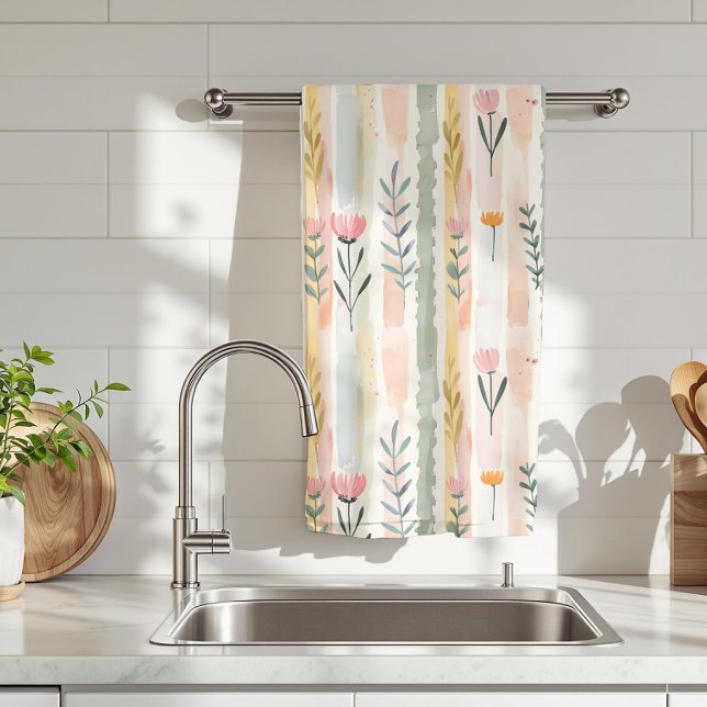 Linge De Cuisine Fleurs rayées pastel aquarelle vintage (Créateur téléchargé)
