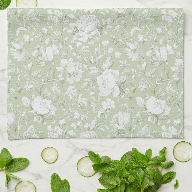 Linge De Cuisine Fleurs romantiques vertes et blanches   (Plié)