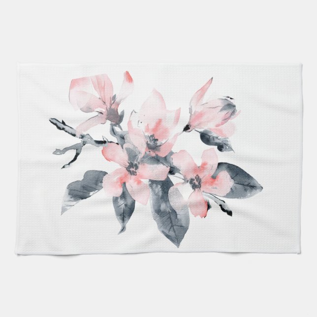 Linge De Cuisine Fleurs rose et gris Aquarelle classique (Horizontal)