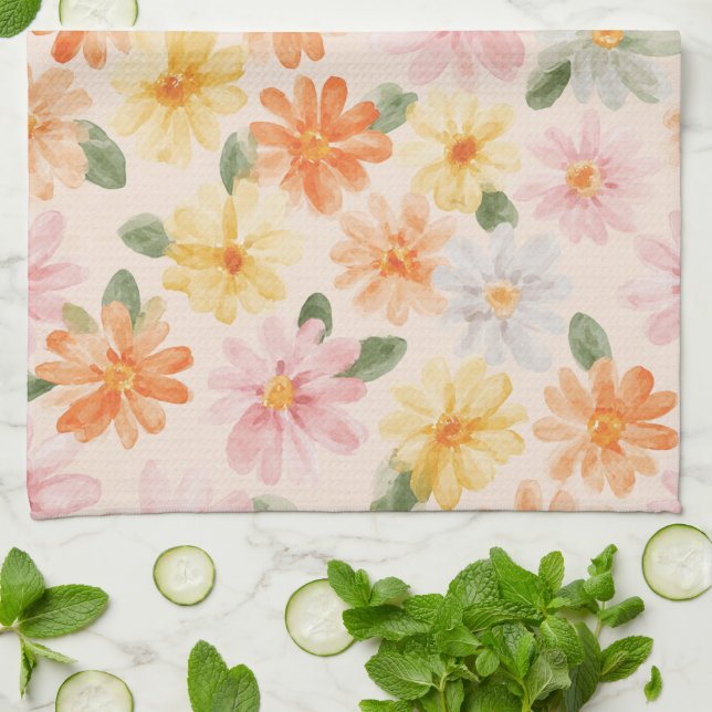 Linge De Cuisine Fleurs Rose Jaune Bleu Pêche  (Plié)