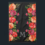 Linge De Cuisine Fleurs rose rouge orange sur noir<br><div class="desc">Modèle floral de fleurs rouges, orange, roses et bordeaux et feuilles verts sur N'IMPORTE QUEL ARRIÈRE - PLAN COULEUR - nous montrons noir. Personnalisez avec un monogramme, des initiales, un nom ou un dicton. Idéal pour vous-même, un cadeau, un cadeau mariage, un cadeau de ménage ou pour la journée de...</div>