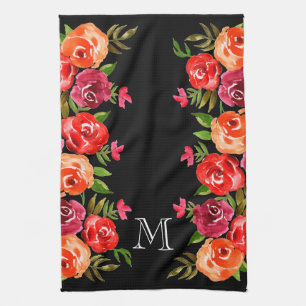 Linge De Cuisine Fleurs rose rouge orange sur noir
