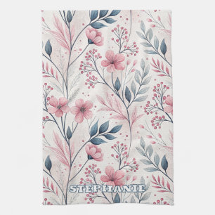 Linge De Cuisine Fleurs roses délicates avec feuillage bleu atténué
