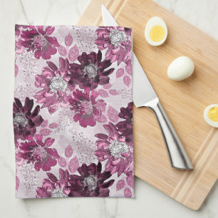 Linge De Cuisine Fleurs roses et bordeaux sur rose poussiéreux