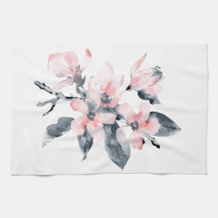 Linge De Cuisine Fleurs roses et gris Aquarelle classique