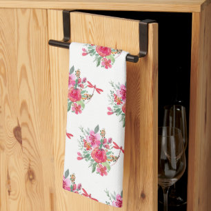 Linge De Cuisine Fleurs roses et libellules motif