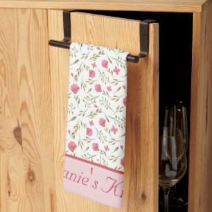 Linge De Cuisine Fleurs roses et vertes personnalisées avec monogra