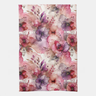 Linge De Cuisine Fleurs roses et violettes Illustration de l'encre