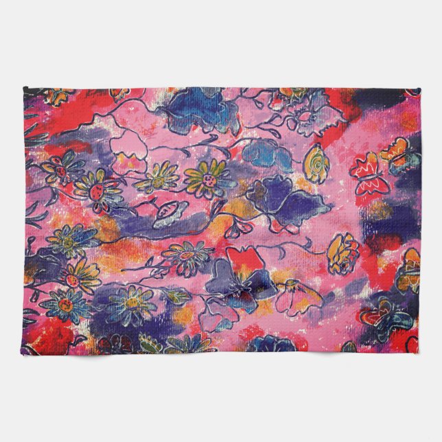 Linge De Cuisine Fleurs roses et violettes Jardin Aquarelle origina (Horizontal)