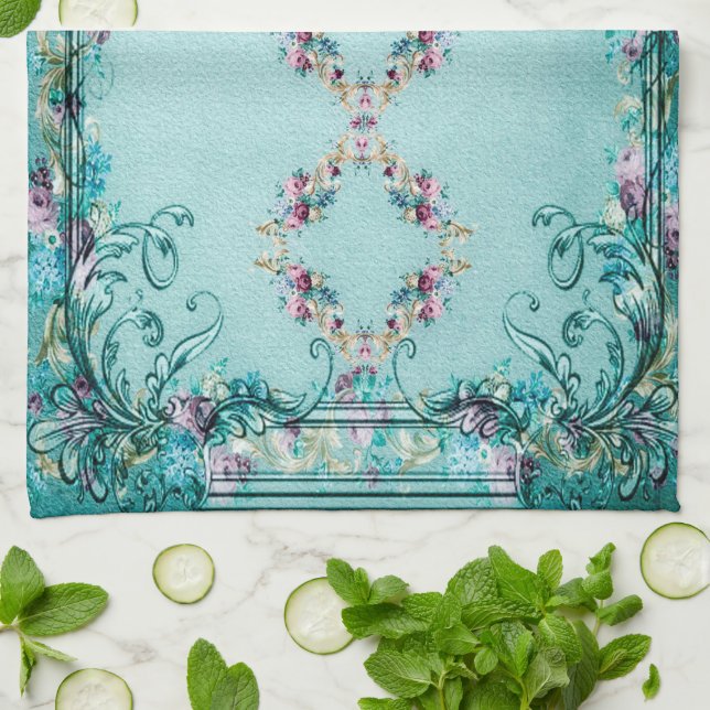 Linge De Cuisine Fleurs Roses florales victoriennes et scroll éléga (Plié)